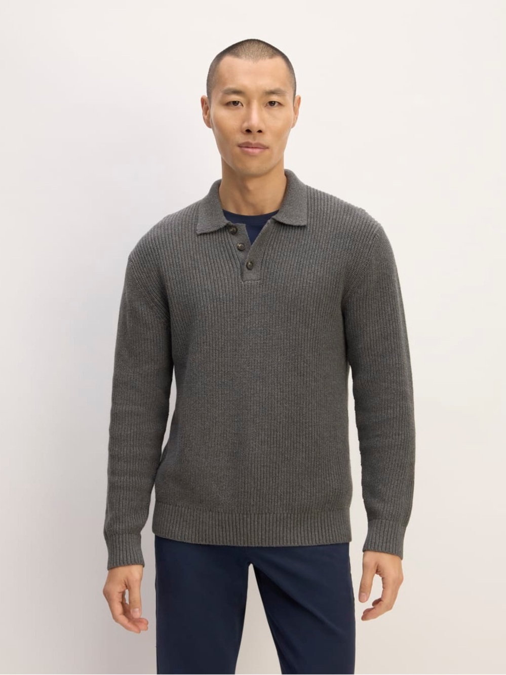 Everlane The Cotton Chunky Rib Polo Sweater Thick Knit Collared Grey